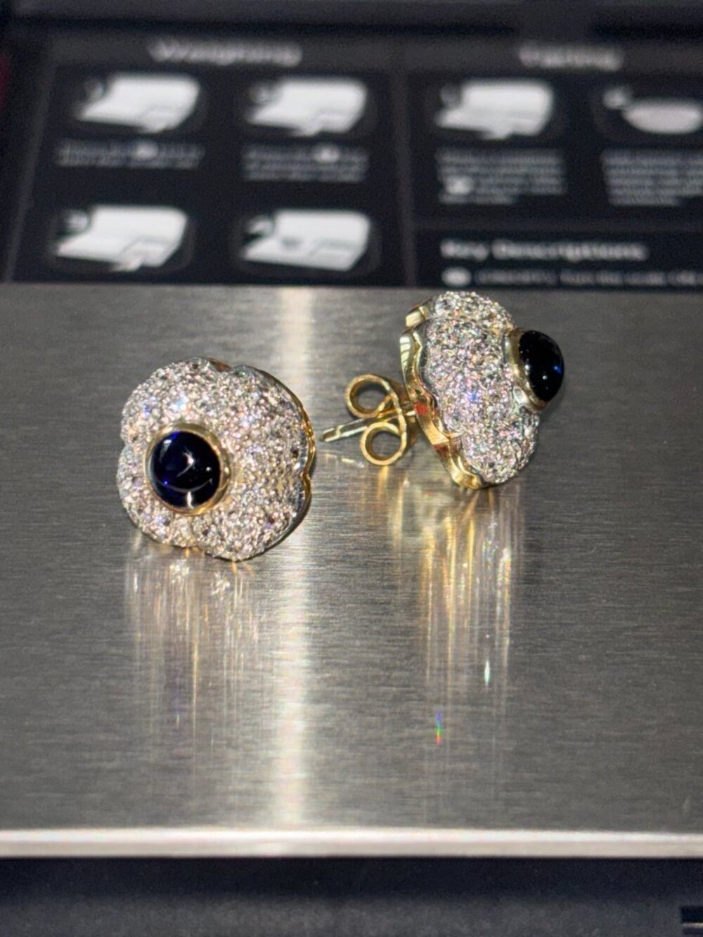 BNIB Vintage Greek 14K (585) Gold Diamond Pavé & Blue Sapphire Stud Earrings